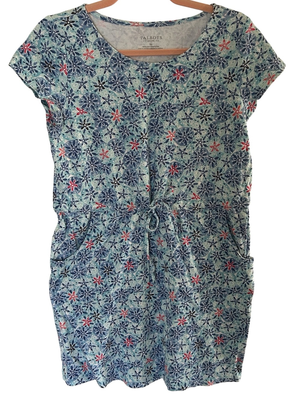 Talbots Light Blue Floral Drawstring Short Sleeve Dress size SP small petite